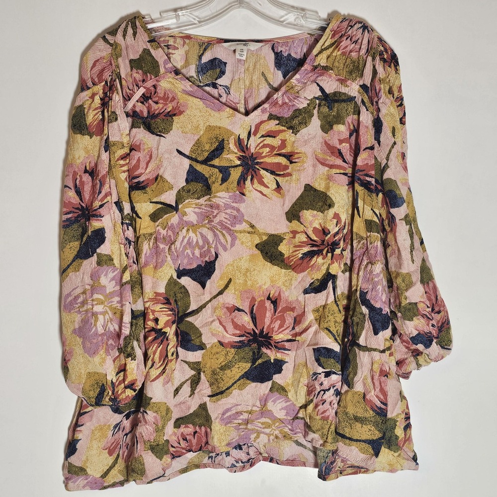 Terra & Sky Blouse Womens 0X 14W Pink Floral V Neck Long Sleeve Boho Crinkle